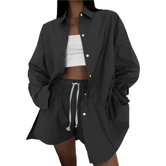 WOMEN'S Shirt Long Sleeve Blouse Loose Fit V Neck, Black
